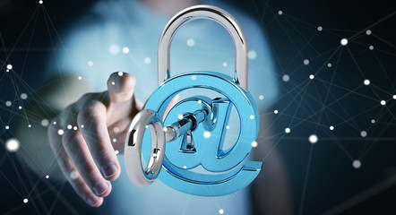 Businessman using 3D rendered digital padlock to secure his internet datas