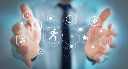 Young man using running application to check his performances 3D rendering