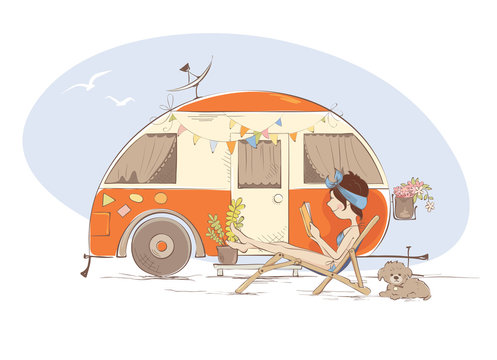 Summer vacation in a house on wheels / Young woman is lying on a deck-chair and reading a book near trailer, funny vector illustration