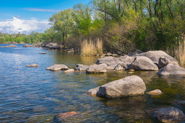 Landscape with rocky Dnipro riverside on a Khortytsia island in Zaporizhia city, Ukraine.