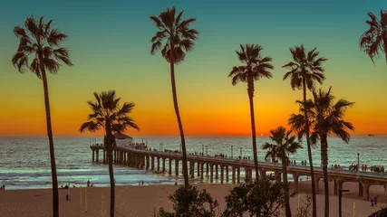 Papier Peint photo Lavable Los Angeles Palmiers à Manhattan Beach au coucher du soleil. Voyage de mode et concept de plage tropicale.