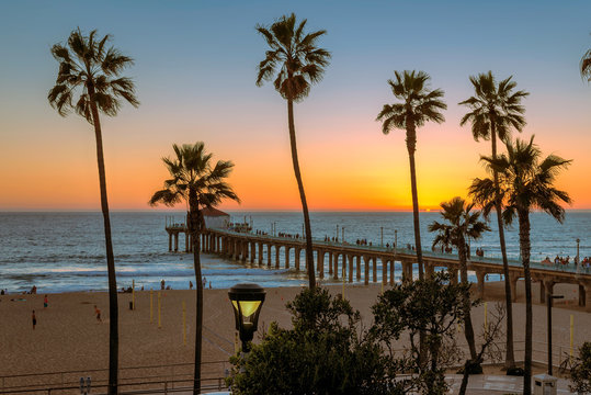 Sunset at Manhattan Beach and Pier in California, Los Angeles.
