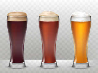 Vector illustration of a realistic style three tall glasses with a different beer isolated on a transparent background
