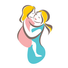 mother and baby stylized vector symbol, mom huges her child logo template