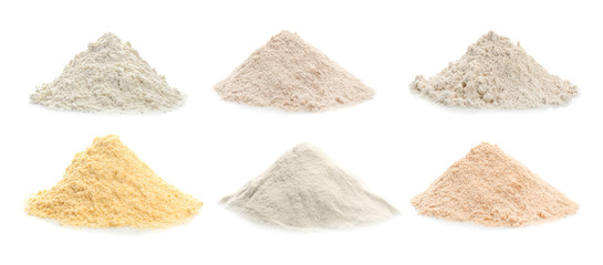 Different kinds of flour on white background