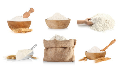 Collage of flour on white background