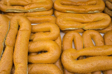 Baking. Showcase on the market. Top view. Close-up