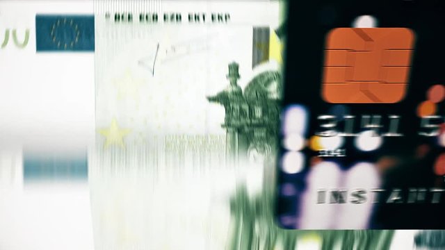 Loopable: Bank Card / Instant Payment / Currency Counting. Bank plastic card with caption "Instant payment" flies over banknotes counting machine enumerating european 100 euro bills.