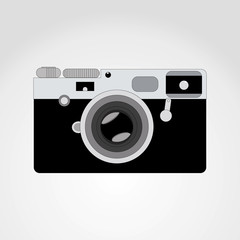 Retro camera or vintage camera in a flat style on a colored background. Old camera with strap. Isolated antique camera. Hung retro camera.