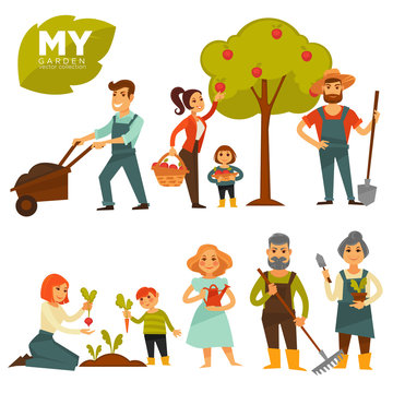 People working in garden colorful vector poster on white