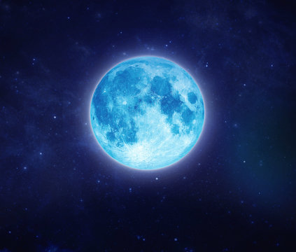 Beautiful blue moon on sky and star at night. Outdoors at night. Full lunar shine moonlight at nighttime with copy space background for headline text and graphic design.