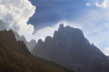 Alpine landscape with the top of the Dolomite mountains, spruce forest and a big  cloud in the blue sky