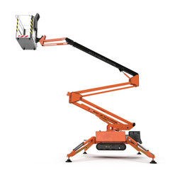 Mobile aerial work platform - Orange scissor hydraulic self propelled lift on a white . Side view. 3D illustration