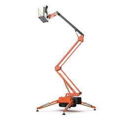 large orange extended scissor lift platform on white. 3D illustration