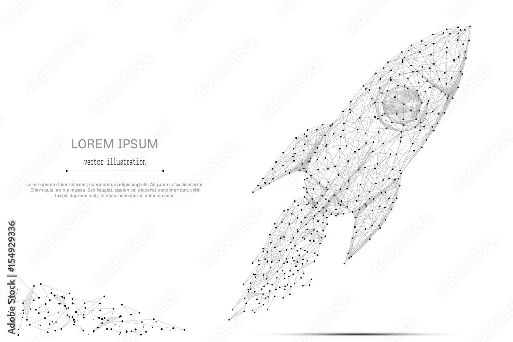 Poster abstract mash line and point rocket on white background with an inscription. starry sky or space, co