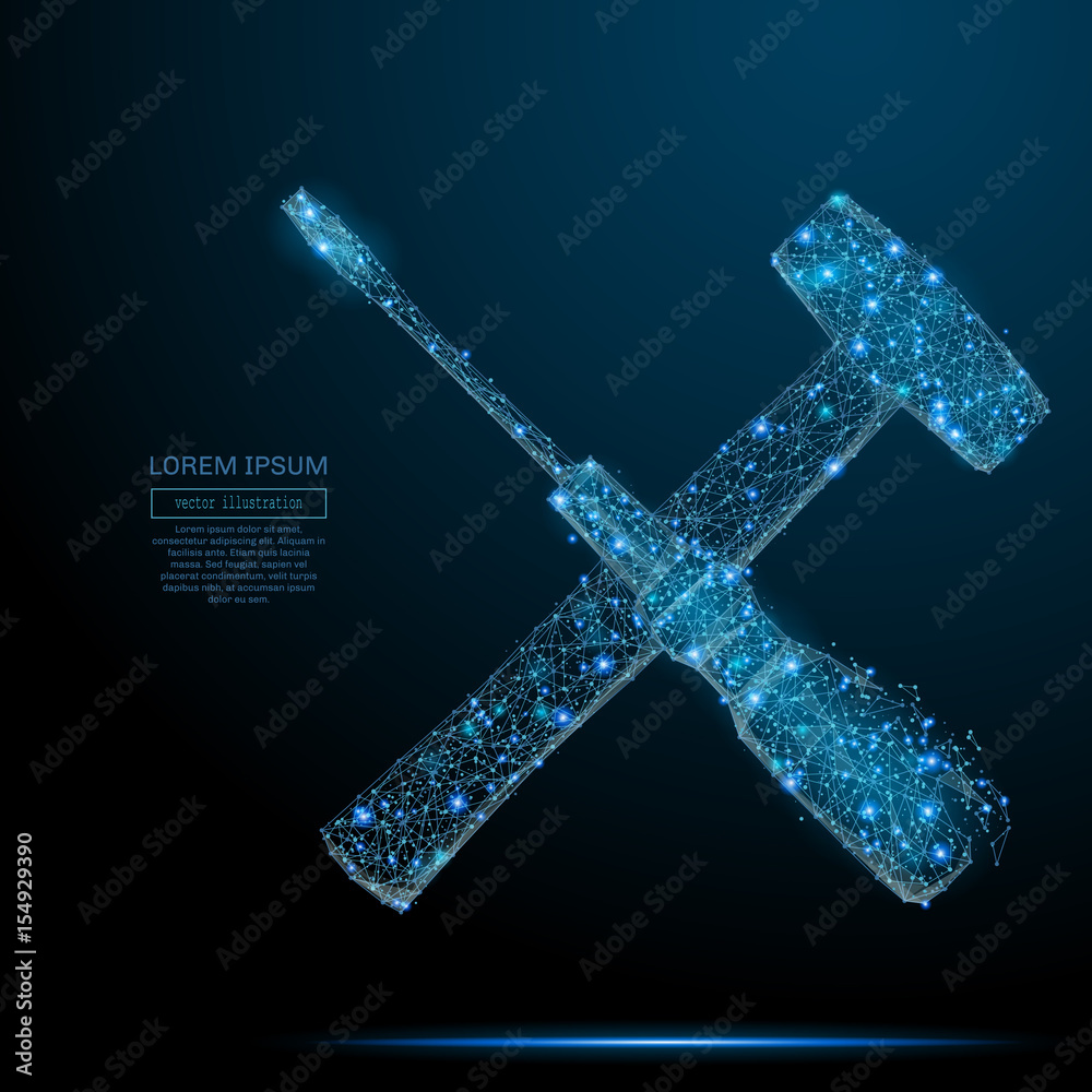 Poster Abstract image of Screwdriver and hammer of a starry sky or space, consisting of points, lines, and shapes in the form of planets, stars and the universe. Vector business