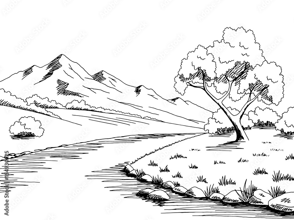 Wall mural mountain river graphic black white landscape sketch illustration vector