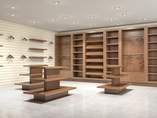 shop with wooden shelves, 3d illustration
