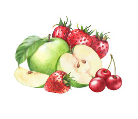 Naklejka na ściany i meble Hand-drawn watercolor fruits clip art. Isolated illustration of the green apples, cherries and red juicy strawberries on the white background. Food drawing for package, poster, banner, advertisement.