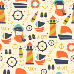 Seamless Pattern with Sailors, Wheel, Ship, and Different Elements.