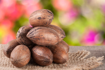 a bunch of pecan nuts on a wooden background with burlap and blurred garden background