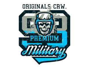 Vector illustration on a military theme, soldier, warrior, skull in helmet. Grunge effect, text, lettering. Typography, T-shirt graphics, print, banner, poster, flyer