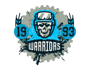 Vector illustration on a military theme, soldier, warrior, skull in helmet. Grunge effect, text, lettering. Typography, T-shirt graphics, print, banner, poster, flyer