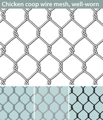 Chicken wire, well-worn. Three different versions of a seamless pattern with a wire mesh for chicken coops: unfilled, with white filling and in silhouette. The wire is deformed by use.