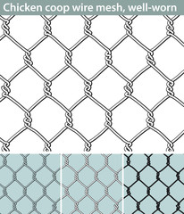 Fototapeta premium Chicken wire, well-worn. Three different versions of a seamless pattern with a wire mesh for chicken coops: unfilled, with white filling and in silhouette. The wire is deformed by use.