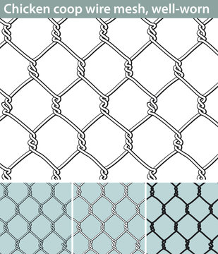 Chicken wire, well-worn. Three different versions of a seamless pattern with a wire mesh for chicken coops: unfilled, with white filling and in silhouette. The wire is deformed by use.