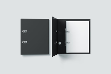 Blank black ring binder folder design mock up top view, 3d rendering. Self-binder mockup with stack...