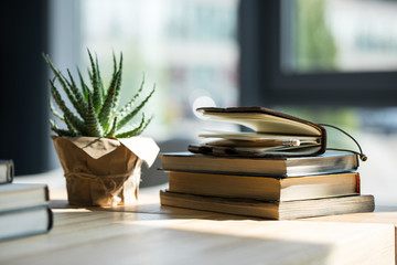 Close-up view of books, notebook with pencil and potted plant on wooden table - Powered by Adobe
