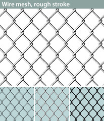 Wire mesh, rough stroke. Three different versions of a seamless pattern with a wire mesh: unfilled, with white filling and in silhouette.