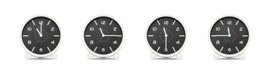Closeup group of black and white clock with shadow for decorate show the time in 11 , 11:15 , 11:30...