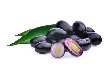 Fototapeta na wymiar jambolan plum or Java plum with green leaves isolated on white background