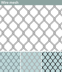 Wire mesh. Three different versions of a seamless pattern with a wire mesh: unfilled, with white filling and in silhouette.