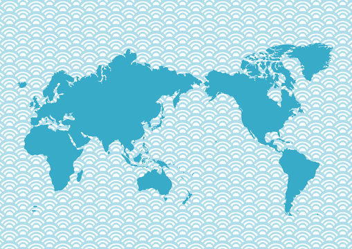青色の世界地図（日本中心）と青海波模様イラスト　