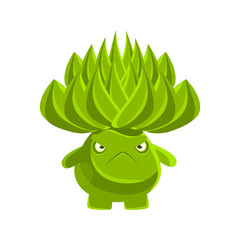 Green cute cactus with sad face. Cartoon emotions character vector Illustration