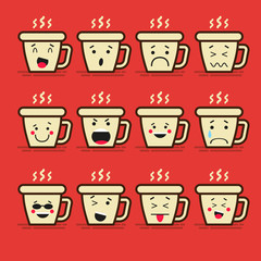 Set of 12 modern flat emoticons: Coffee or tea, cup and steam, hot drink, smile, sadness and other emotions. Vector illustration isolated of red background.