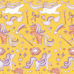 Seamless pattern with funny magic elements. Unicorn, wizard and miracle. Vector background