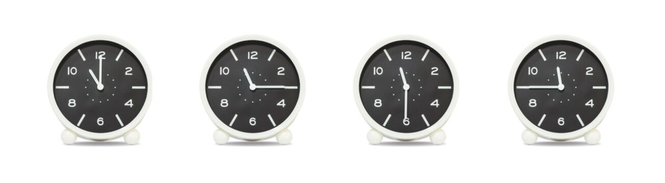 Closeup group of black and white clock with shadow for decorate show the time in 11 , 11:15 , 11:30 , 11:45 a.m. isolated on white background , beautiful 4 clock picture in different time