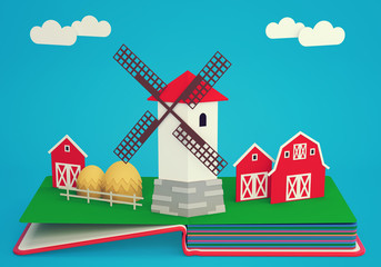 Pop up book with rural landscape. 3D rendering
