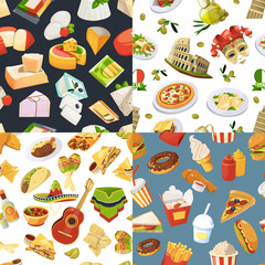 Big seamless pattern set with different worldwide cuisines of mexico, europe and italy