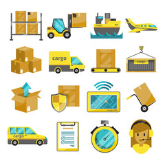Cargo vector icon set isolated. Airplane, harbor ships, logistic conveyer