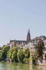 Fototapeta premium Basel, Stadt, Altstadt, Basel-Stadt, Münster, Kirche, Rhein, Rheinufer, Pfalz, Grosspeter, Sommer, Frühling, Schweiz