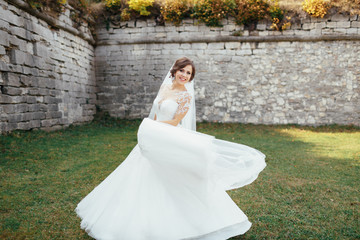 Fototapeta premium The charming bride stands in the park