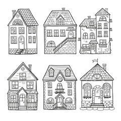 Cute little houses and different roofs. Doodle vector illustration of home