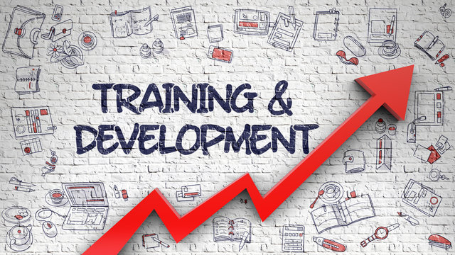 White Wall with Training And Development Inscription and Red Arrow. Success Concept. Training And Development Inscription on Modern Illustation. with Red Arrow and Doodle Icons Around. 3D.