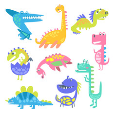 Cute funny dinosaurs. Collection of prehistoric animal characters vector Illustrations