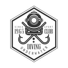 Diving underwater sport club since 1965 vintage logo. Black and white vector Illustration